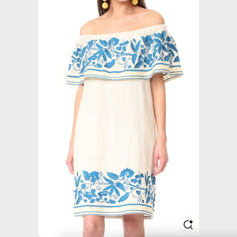 Scotch & Soda White Off the Shoulder Embroidered Shift Dress w/ Blue Embroidery
